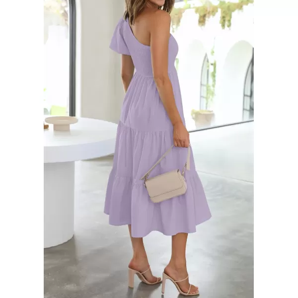 imageZESICA Womens 2023 Boho Summer One Shoulder Short Sleeve Smocked Side Split Ruffle Swing Midi DressPurple