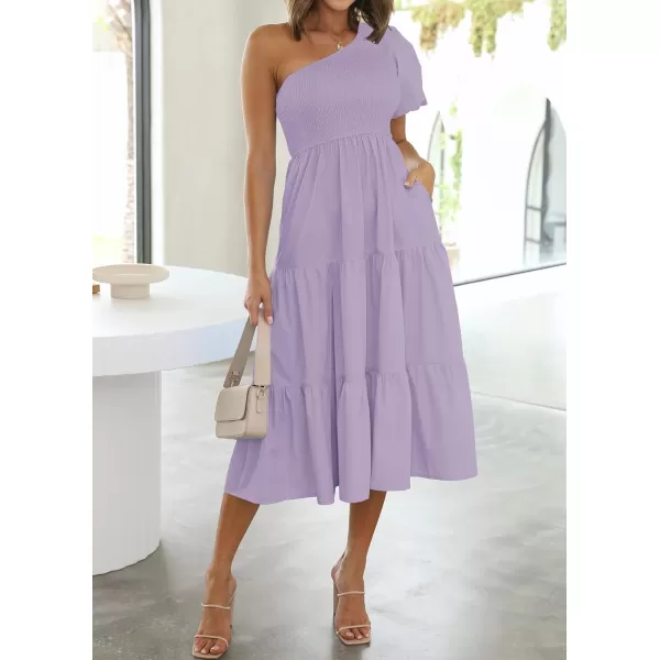 imageZESICA Womens 2023 Boho Summer One Shoulder Short Sleeve Smocked Side Split Ruffle Swing Midi DressPurple
