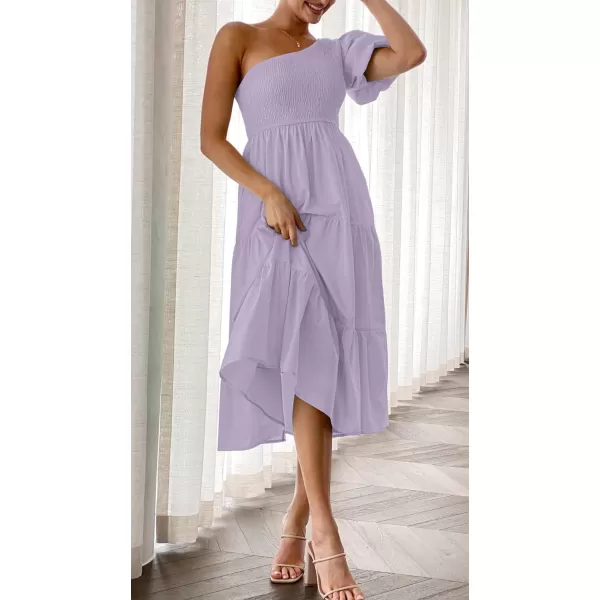 imageZESICA Womens 2023 Boho Summer One Shoulder Short Sleeve Smocked Side Split Ruffle Swing Midi DressPurple