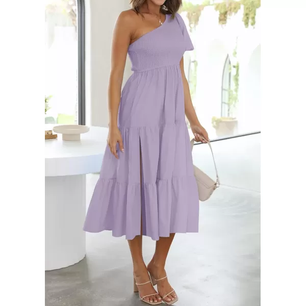 imageZESICA Womens 2023 Boho Summer One Shoulder Short Sleeve Smocked Side Split Ruffle Swing Midi DressPurple