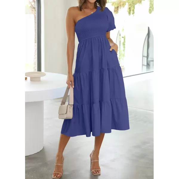 imageZESICA Womens 2023 Boho Summer One Shoulder Short Sleeve Smocked Side Split Ruffle Swing Midi DressRoyalblue