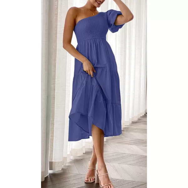 imageZESICA Womens 2023 Boho Summer One Shoulder Short Sleeve Smocked Side Split Ruffle Swing Midi DressRoyalblue