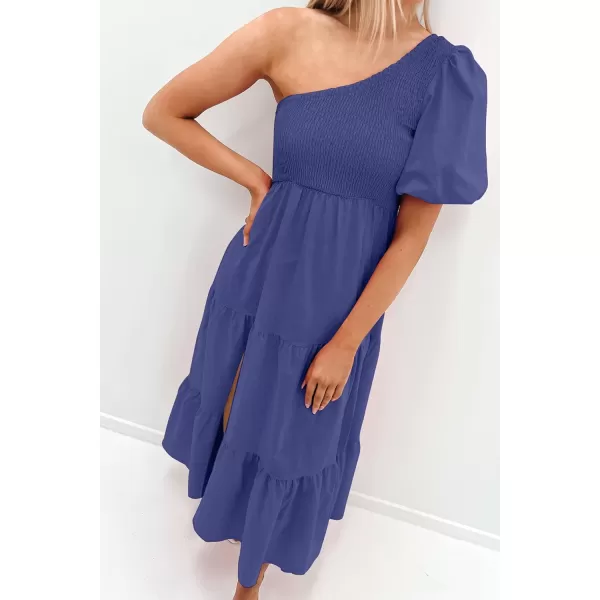 imageZESICA Womens 2023 Boho Summer One Shoulder Short Sleeve Smocked Side Split Ruffle Swing Midi DressRoyalblue