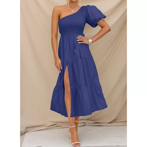 imageZESICA Womens 2023 Boho Summer One Shoulder Short Sleeve Smocked Side Split Ruffle Swing Midi DressRoyalblue