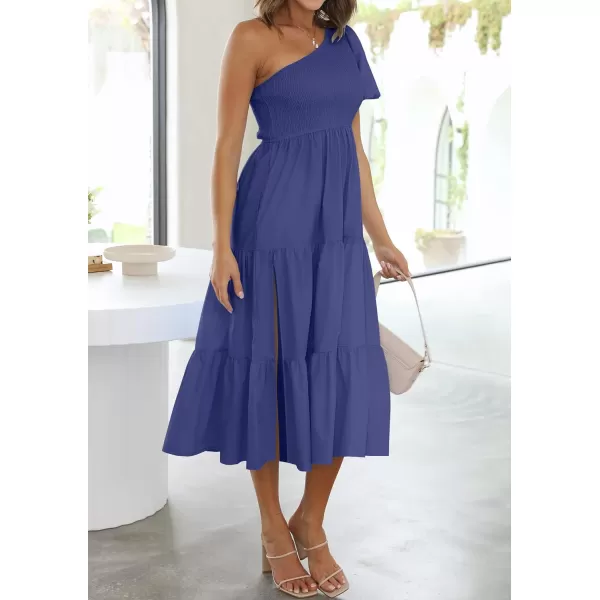 imageZESICA Womens 2023 Boho Summer One Shoulder Short Sleeve Smocked Side Split Ruffle Swing Midi DressRoyalblue