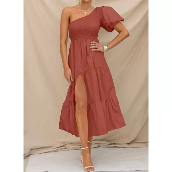 imageZESICA Womens 2023 Boho Summer One Shoulder Short Sleeve Smocked Side Split Ruffle Swing Midi DressRust