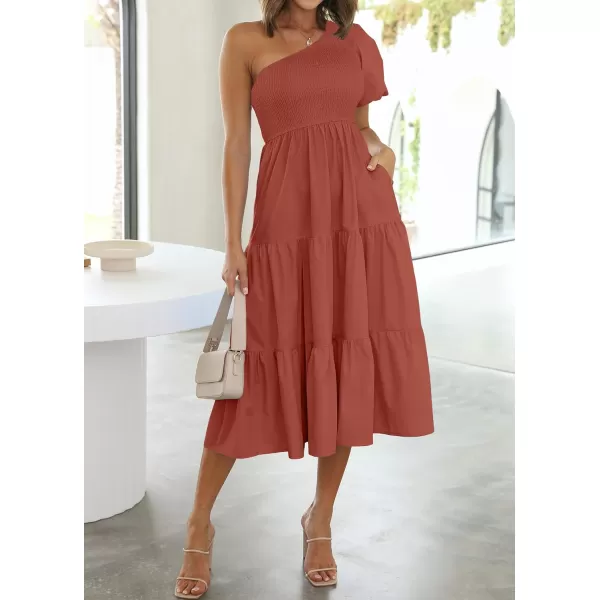 imageZESICA Womens 2023 Boho Summer One Shoulder Short Sleeve Smocked Side Split Ruffle Swing Midi DressRust