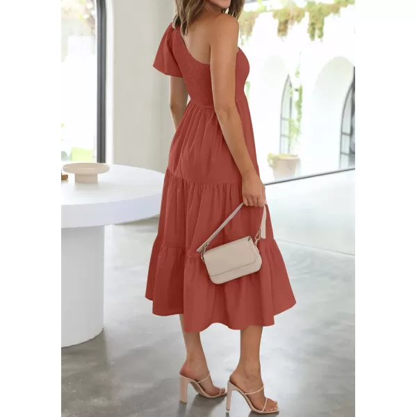 imageZESICA Womens 2023 Boho Summer One Shoulder Short Sleeve Smocked Side Split Ruffle Swing Midi DressRust