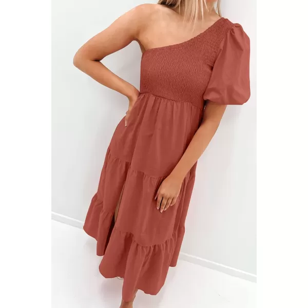 imageZESICA Womens 2023 Boho Summer One Shoulder Short Sleeve Smocked Side Split Ruffle Swing Midi DressRust