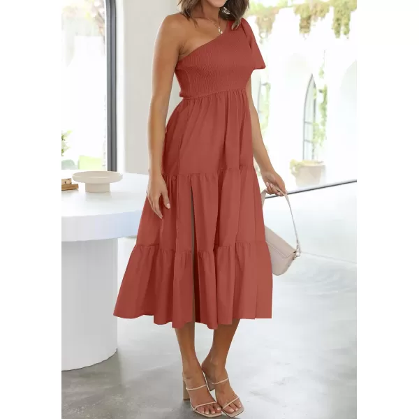 imageZESICA Womens 2023 Boho Summer One Shoulder Short Sleeve Smocked Side Split Ruffle Swing Midi DressRust