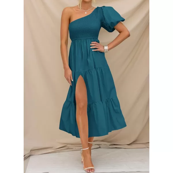 imageZESICA Womens 2023 Boho Summer One Shoulder Short Sleeve Smocked Side Split Ruffle Swing Midi DressTeal