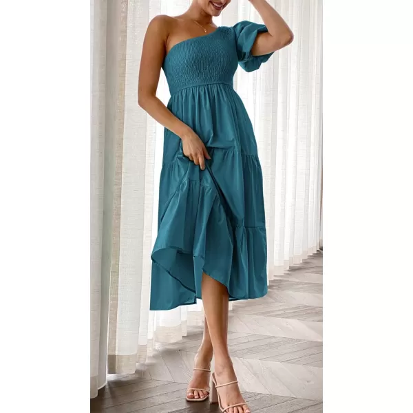 imageZESICA Womens 2023 Boho Summer One Shoulder Short Sleeve Smocked Side Split Ruffle Swing Midi DressTeal