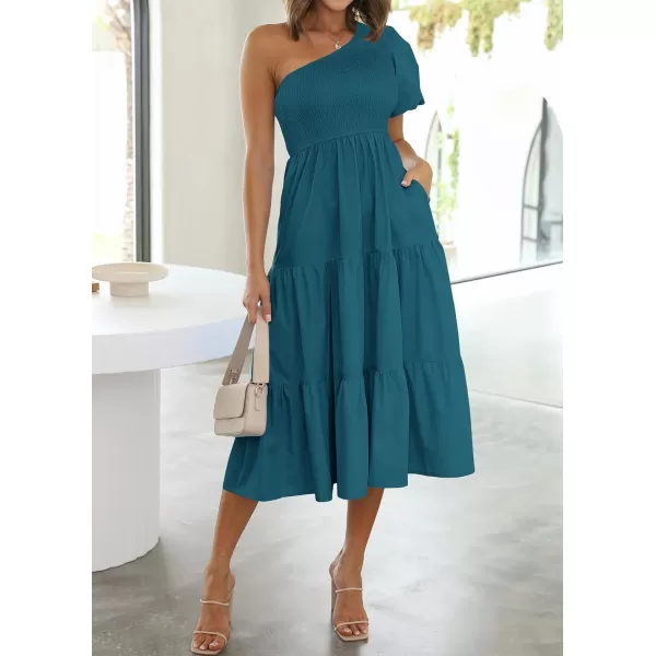 imageZESICA Womens 2023 Boho Summer One Shoulder Short Sleeve Smocked Side Split Ruffle Swing Midi DressTeal