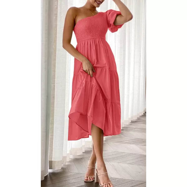 imageZESICA Womens 2023 Boho Summer One Shoulder Short Sleeve Smocked Side Split Ruffle Swing Midi DressWatermelon