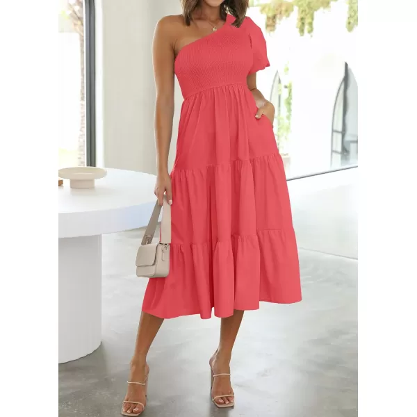 imageZESICA Womens 2023 Boho Summer One Shoulder Short Sleeve Smocked Side Split Ruffle Swing Midi DressWatermelon