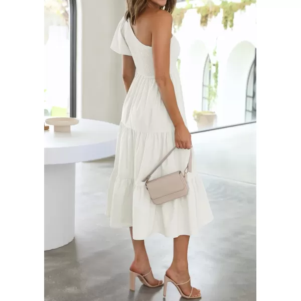 imageZESICA Womens 2023 Boho Summer One Shoulder Short Sleeve Smocked Side Split Ruffle Swing Midi DressWhite