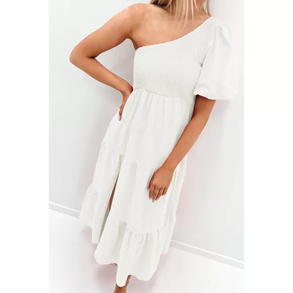 imageZESICA Womens 2023 Boho Summer One Shoulder Short Sleeve Smocked Side Split Ruffle Swing Midi DressWhite