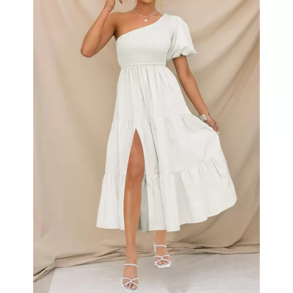 imageZESICA Womens 2023 Boho Summer One Shoulder Short Sleeve Smocked Side Split Ruffle Swing Midi DressWhite