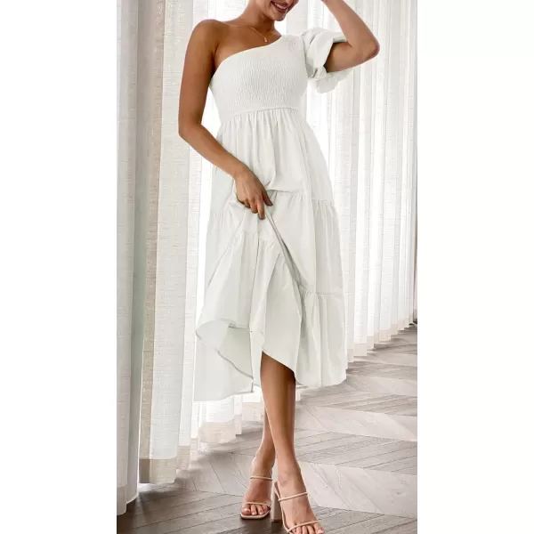imageZESICA Womens 2023 Boho Summer One Shoulder Short Sleeve Smocked Side Split Ruffle Swing Midi DressWhite