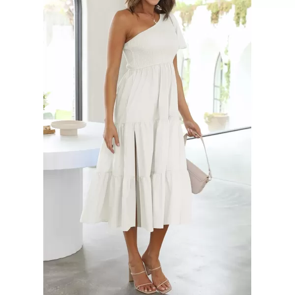 imageZESICA Womens 2023 Boho Summer One Shoulder Short Sleeve Smocked Side Split Ruffle Swing Midi DressWhite