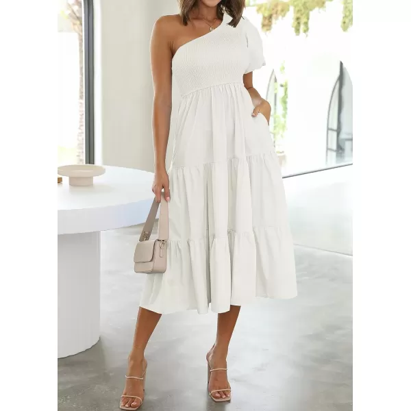 imageZESICA Womens 2023 Boho Summer One Shoulder Short Sleeve Smocked Side Split Ruffle Swing Midi DressWhite
