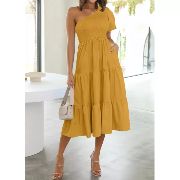 imageZESICA Womens 2023 Boho Summer One Shoulder Short Sleeve Smocked Side Split Ruffle Swing Midi DressZESICA Womens 2023 Boho Summer One Shoulder Short Sleeve Smocked Side Split Ruffle Swing Midi Dress