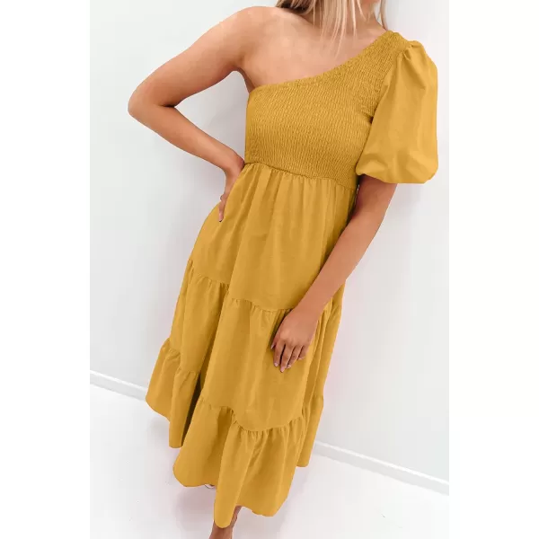 imageZESICA Womens 2023 Boho Summer One Shoulder Short Sleeve Smocked Side Split Ruffle Swing Midi DressZESICA Womens 2023 Boho Summer One Shoulder Short Sleeve Smocked Side Split Ruffle Swing Midi Dress