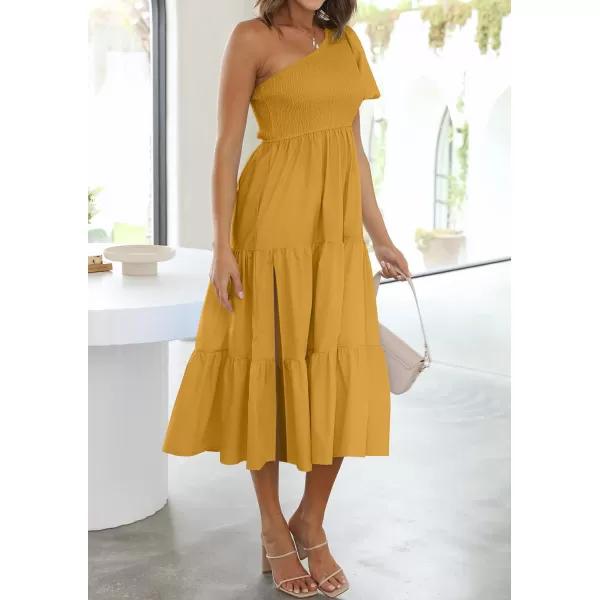 imageZESICA Womens 2023 Boho Summer One Shoulder Short Sleeve Smocked Side Split Ruffle Swing Midi DressZESICA Womens 2023 Boho Summer One Shoulder Short Sleeve Smocked Side Split Ruffle Swing Midi Dress