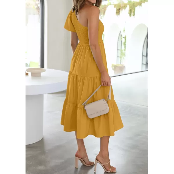 imageZESICA Womens 2023 Boho Summer One Shoulder Short Sleeve Smocked Side Split Ruffle Swing Midi DressZESICA Womens 2023 Boho Summer One Shoulder Short Sleeve Smocked Side Split Ruffle Swing Midi Dress