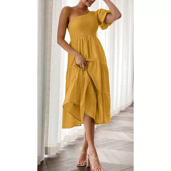 imageZESICA Womens 2023 Boho Summer One Shoulder Short Sleeve Smocked Side Split Ruffle Swing Midi DressZESICA Womens 2023 Boho Summer One Shoulder Short Sleeve Smocked Side Split Ruffle Swing Midi Dress