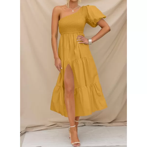 imageZESICA Womens 2023 Boho Summer One Shoulder Short Sleeve Smocked Side Split Ruffle Swing Midi DressZESICA Womens 2023 Boho Summer One Shoulder Short Sleeve Smocked Side Split Ruffle Swing Midi Dress