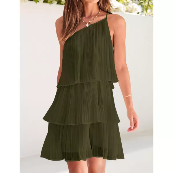 imageZESICA Womens 2023 Boho Summer One Shoulder Sleeveless Ruffle Tiered Layered Chiffon Pleated A Line Flowy Mini DressArmygreen