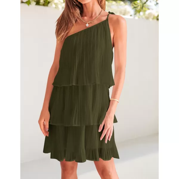 imageZESICA Womens 2023 Boho Summer One Shoulder Sleeveless Ruffle Tiered Layered Chiffon Pleated A Line Flowy Mini DressArmygreen