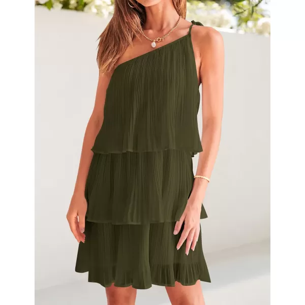 imageZESICA Womens 2023 Boho Summer One Shoulder Sleeveless Ruffle Tiered Layered Chiffon Pleated A Line Flowy Mini DressArmygreen