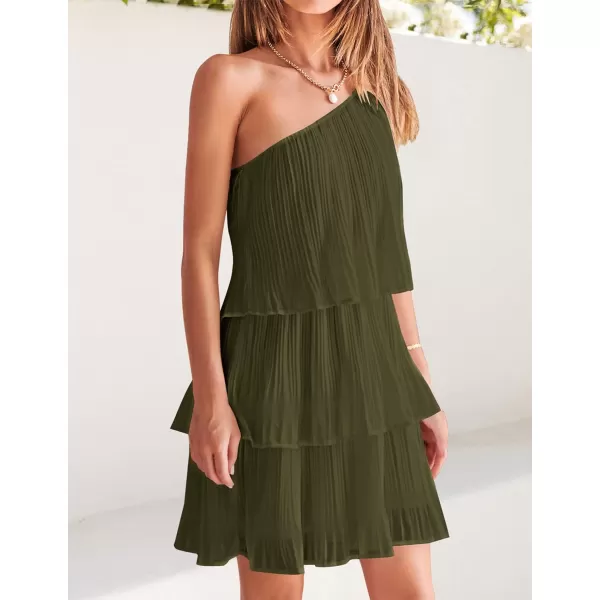 imageZESICA Womens 2023 Boho Summer One Shoulder Sleeveless Ruffle Tiered Layered Chiffon Pleated A Line Flowy Mini DressArmygreen