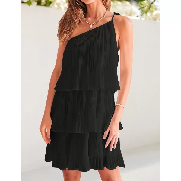 imageZESICA Womens 2023 Boho Summer One Shoulder Sleeveless Ruffle Tiered Layered Chiffon Pleated A Line Flowy Mini DressBlack