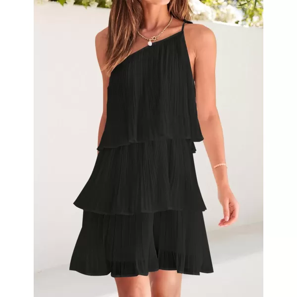 imageZESICA Womens 2023 Boho Summer One Shoulder Sleeveless Ruffle Tiered Layered Chiffon Pleated A Line Flowy Mini DressBlack