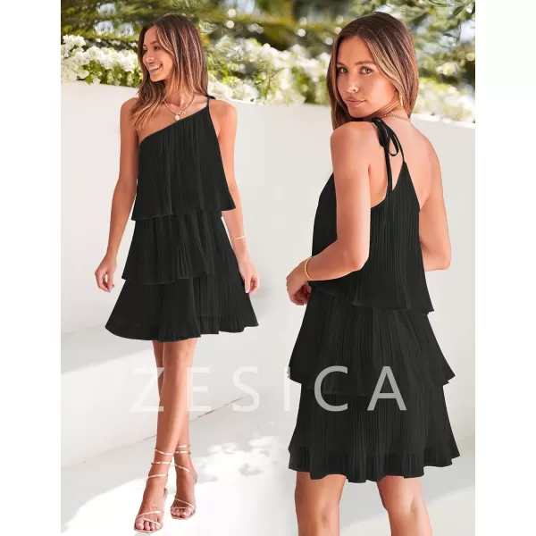 imageZESICA Womens 2023 Boho Summer One Shoulder Sleeveless Ruffle Tiered Layered Chiffon Pleated A Line Flowy Mini DressBlack