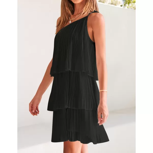 imageZESICA Womens 2023 Boho Summer One Shoulder Sleeveless Ruffle Tiered Layered Chiffon Pleated A Line Flowy Mini DressBlack