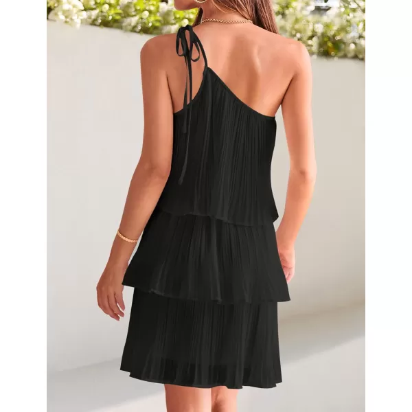 imageZESICA Womens 2023 Boho Summer One Shoulder Sleeveless Ruffle Tiered Layered Chiffon Pleated A Line Flowy Mini DressBlack
