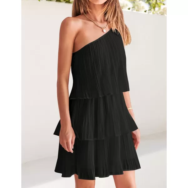 imageZESICA Womens 2023 Boho Summer One Shoulder Sleeveless Ruffle Tiered Layered Chiffon Pleated A Line Flowy Mini DressBlack