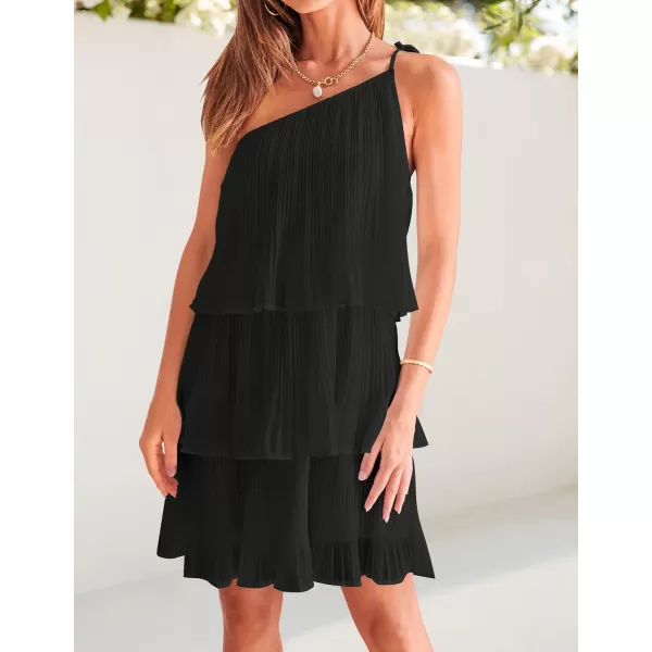 imageZESICA Womens 2023 Boho Summer One Shoulder Sleeveless Ruffle Tiered Layered Chiffon Pleated A Line Flowy Mini DressBlack