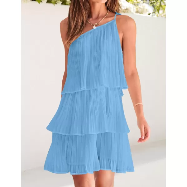 imageZESICA Womens 2023 Boho Summer One Shoulder Sleeveless Ruffle Tiered Layered Chiffon Pleated A Line Flowy Mini DressBlue