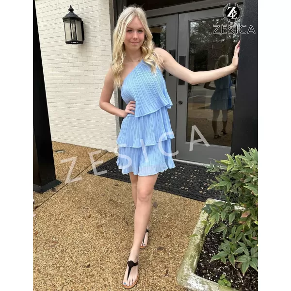 imageZESICA Womens 2023 Boho Summer One Shoulder Sleeveless Ruffle Tiered Layered Chiffon Pleated A Line Flowy Mini DressBlue