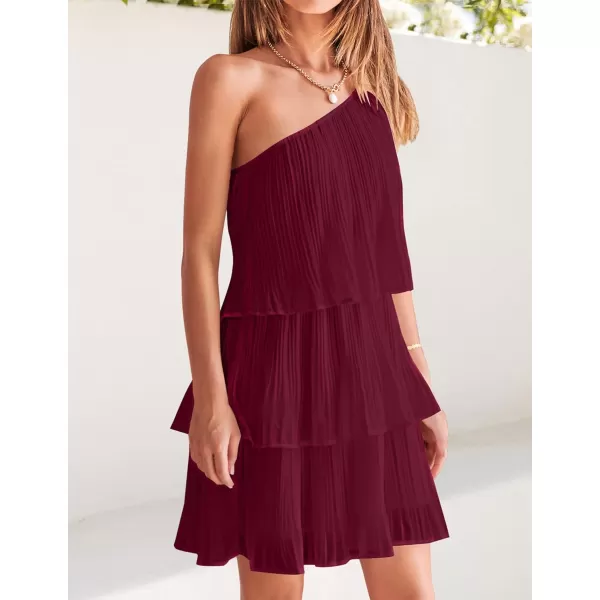 imageZESICA Womens 2023 Boho Summer One Shoulder Sleeveless Ruffle Tiered Layered Chiffon Pleated A Line Flowy Mini DressFuchsia