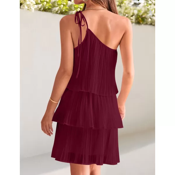 imageZESICA Womens 2023 Boho Summer One Shoulder Sleeveless Ruffle Tiered Layered Chiffon Pleated A Line Flowy Mini DressFuchsia