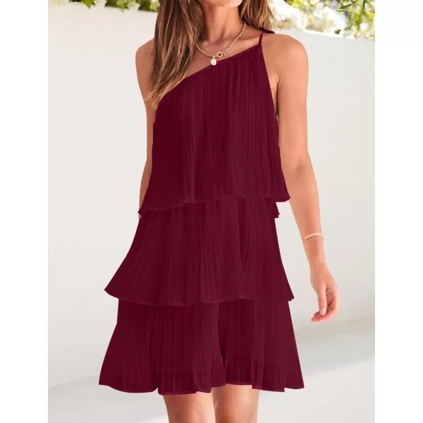 imageZESICA Womens 2023 Boho Summer One Shoulder Sleeveless Ruffle Tiered Layered Chiffon Pleated A Line Flowy Mini DressFuchsia