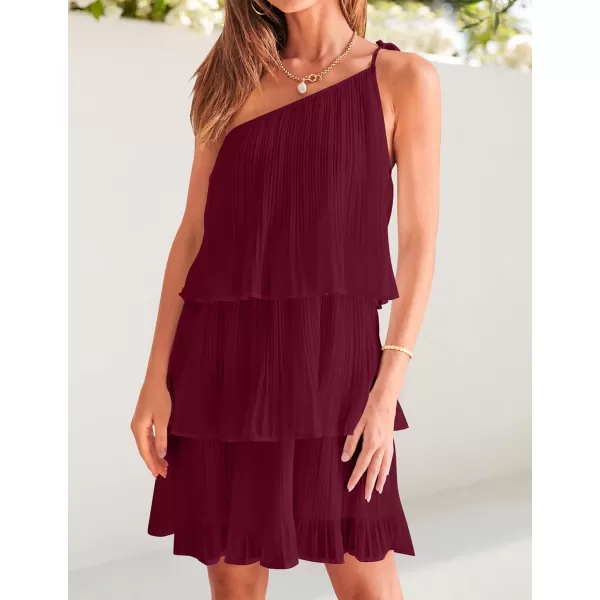 imageZESICA Womens 2023 Boho Summer One Shoulder Sleeveless Ruffle Tiered Layered Chiffon Pleated A Line Flowy Mini DressFuchsia