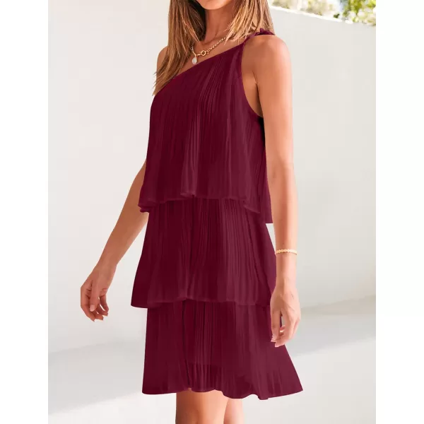 imageZESICA Womens 2023 Boho Summer One Shoulder Sleeveless Ruffle Tiered Layered Chiffon Pleated A Line Flowy Mini DressFuchsia