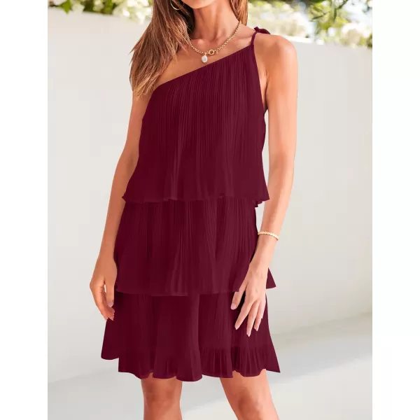 imageZESICA Womens 2023 Boho Summer One Shoulder Sleeveless Ruffle Tiered Layered Chiffon Pleated A Line Flowy Mini DressFuchsia